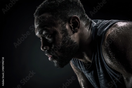 Athlete bent forward catching breath, breath visible in cold air, dark studio setup, strong rim light, modern athletic portrait