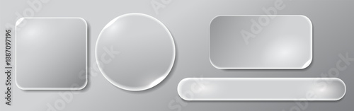 Modern glassmorphism user interface elements with frosted glass effect on neutral background. Rounded buttons and panels for web, app UI, UX design, dashboard and interface layouts.