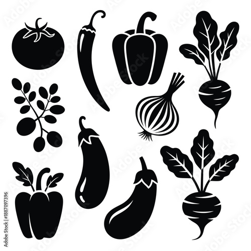 Black silhouette illustrations of various fresh vegetables and garden produce