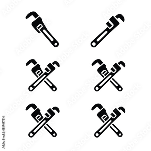 Black pipe wrenches in various orientations a set of tool icons