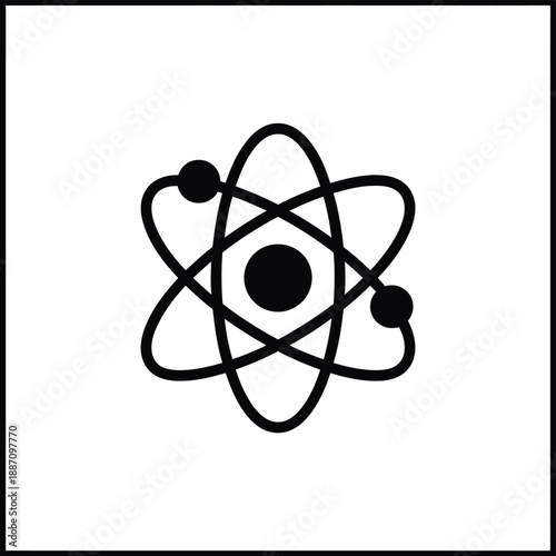 Simple black and white illustration of an atom model with orbiting electrons