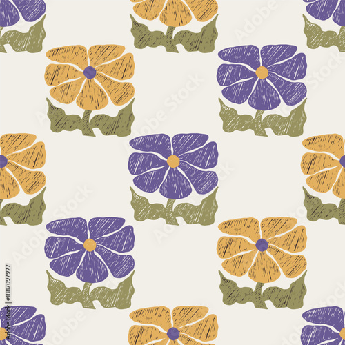 Floral Art Seamless Pattern With Hand-Drawn Botanical Yellow Blue Flowers And Textured Crayon Hatching on Light Background. Vector Illustration