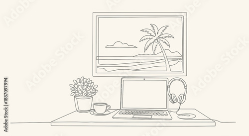 line drawing of a laptop on a desk with a coffee cup and plant and monitor with a tropical island scene on screen