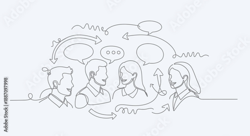 Continuous line drawing of four people talking to each other in a meeting or discussion with speech bubbles and arrows around them
