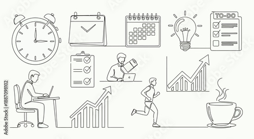 Business productivity and time management concept with line illustrations of people working and planning  various office and organization icons