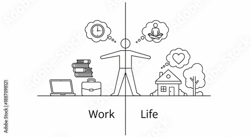 Work life balance concept with person standing between work and personal life