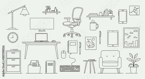 line drawing of various office supplies and furniture for workspace organization  office essentials