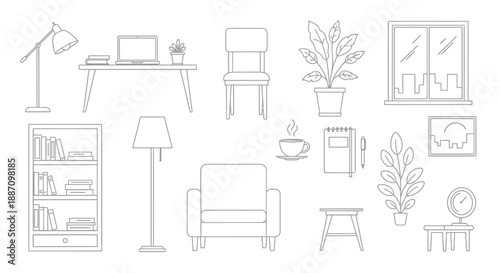 Line drawings of various office and home furniture and decor items