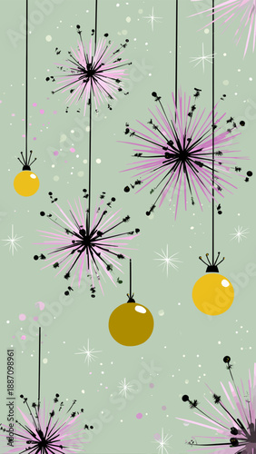 Festive Fireworks and Hanging Ornaments for Celebration.