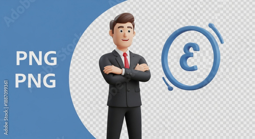A cartoon man in a business suit standing with arms crossed next to a pound sign