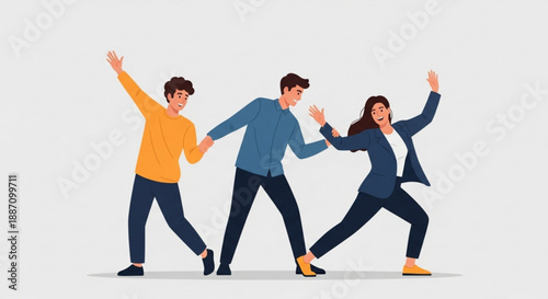 Three diverse colleagues celebrating success with arms raised in joyful teamwork