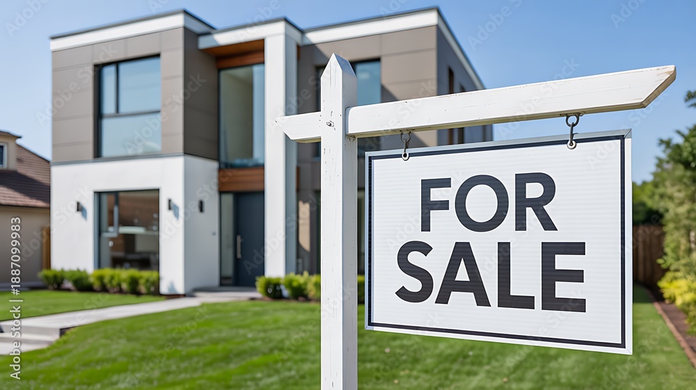 Fototapeta premium For sale sign in front of modern luxury house exterior 