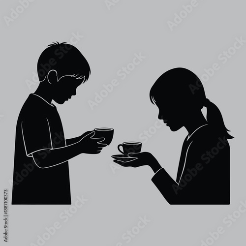  silhouetteChild Offering Tea to Mother with Respect vector design art and illustration