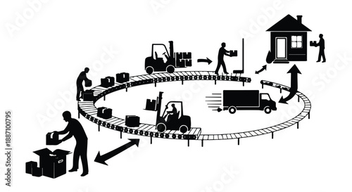 Logistics and transportation concept with people working on conveyor belt line with forklifts trucks and house delivery