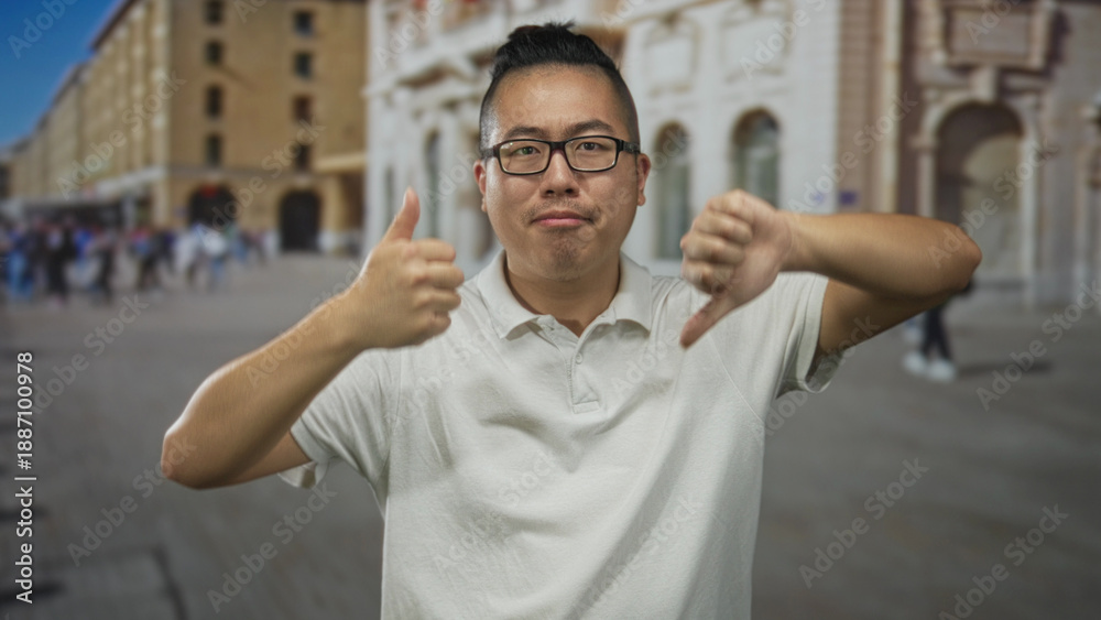 Naklejka premium Man showing thumbs up and thumbs down with visible hands and forearms on a busy street in front of a building; ambivalence.