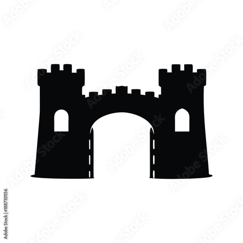 Medieval castle gate silhouette vector illustration, A black and white silhouette of a medieval castle gate with towers and battlements