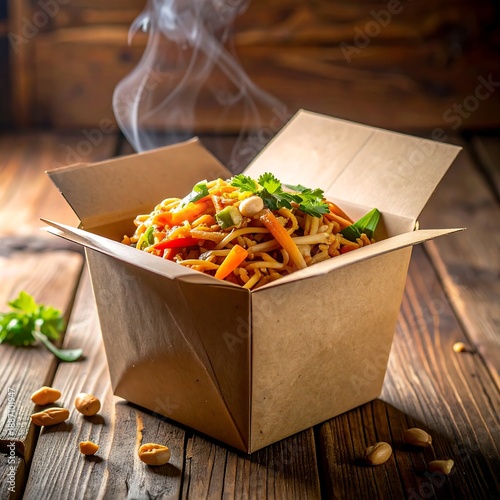 Steaming Asian Noodles in a Takeout Box on Rustic Wooden Table for Food Blog or Recipe Promotion Enjoy Hot Noodles and Healthy Vegetables