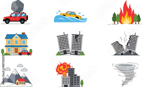 Flat vector illustration set of natural disasters and accidents including car flood, forest fire, earthquake, house fire, and tornado storm.