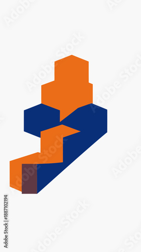 Abstract Geometric Blocks Illustrating Interconnection and Composition in Orange and Blue Tones