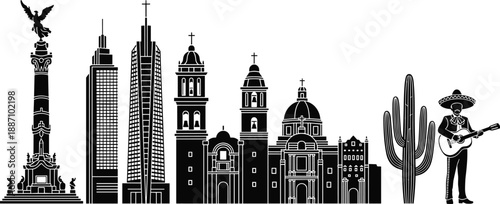 Black and white Mexico City skyline vector illustration with Angel of Independence, metropolitan cathedral, modern skyscrapers, cactus, and mariachi musician.