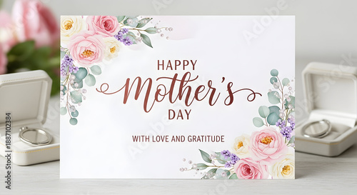 Happy mother's day greeting card with beautiful floral design and jewelry gifts