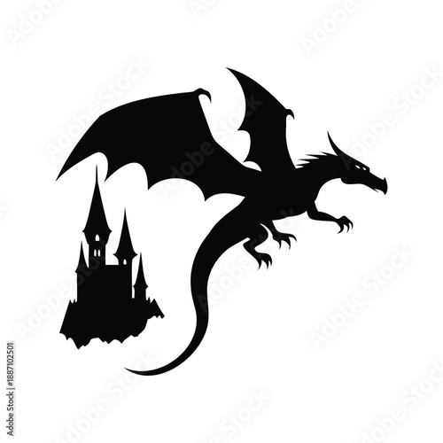 Fantasy dragon flying over a castle silhouette vector illustration, A black and white vector illustration of a dragon flying over a castle