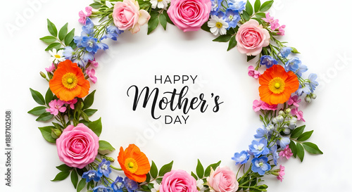 Happy mothers day wishes greeting card with beautiful floral wreath