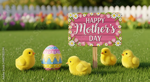 Happy mothers day celebration with adorable chicks and easter egg decoration