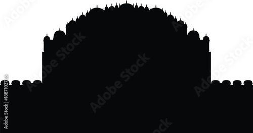 Ancient Hawa Mahal Jaipur palace silhouette icon, historic Rajasthan royal architecture symbol, famous Indian tourism landmark design, old cultural heritage art sign.