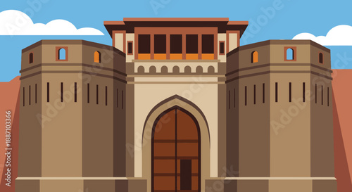 Ancient Shaniwar Wada fort main gate entrance, historic Pune city tourism landmark design, famous Maharashtra culture heritage symbol, royal Maratha palace art sign.
