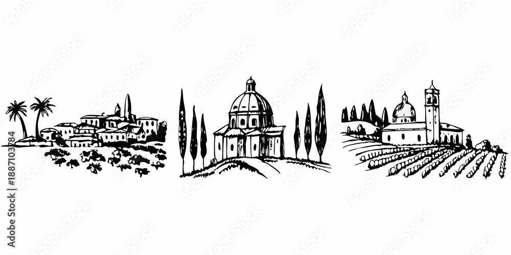 Fototapeta premium Italian landscapes sketches of charming towns vineyards and iconic architecture