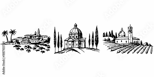 Italian landscapes sketches of charming towns vineyards and iconic architecture