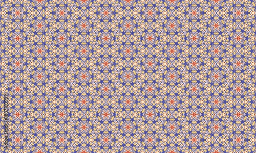 Vibrant geometric pattern with blue, beige, and orange shapes, creating a mesmerizing mosaic background texture