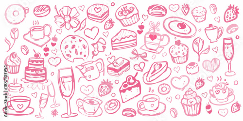 A delightful collection of hand drawn sweets pastries and desserts in pink