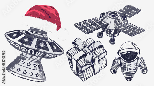 A festive scene featuring a santa hat spaceship gift and astronaut