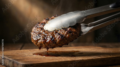 Close-up of tongs flipping a sizzling beef patty on a grill, capturing the essence of outdoor barbecue or burger making with smoke and heat.