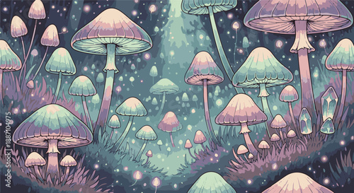 Mystical mushrooms thriving in a lush, vibrant forest at dusk from a low angle viewpoint