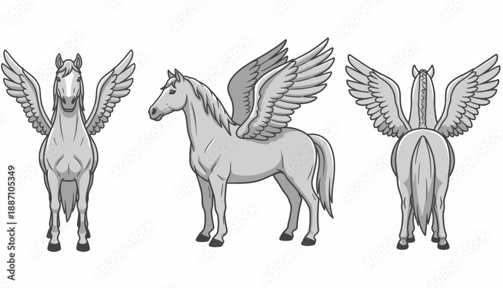 Fototapeta premium Silhouette illustrations of majestic winged Pegasus horse in three views.