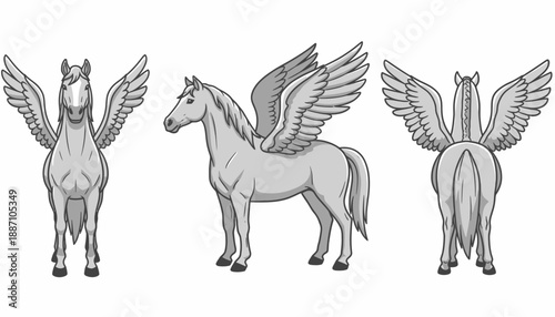 Silhouette illustrations of majestic winged Pegasus horse in three views.