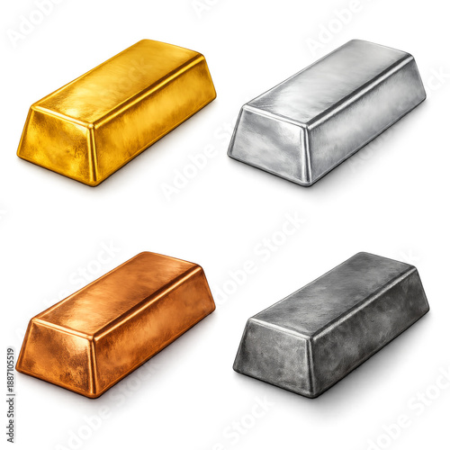 Set of four realistic metal bullion bars isolated on transparent background: gold, silver, copper, and iron. Photorealistic ingots with natural metallic textures, smooth reflective surfaces, and no in