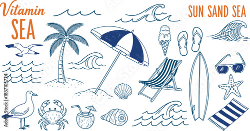 Hand drawn summer beach icons set with palm tree, surfboard, umbrella and sea elements,