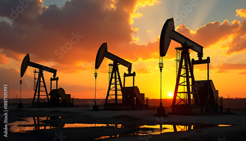 Oil pump jacks silhouetted against a dramatic sunset with vibrant clouds and reflections