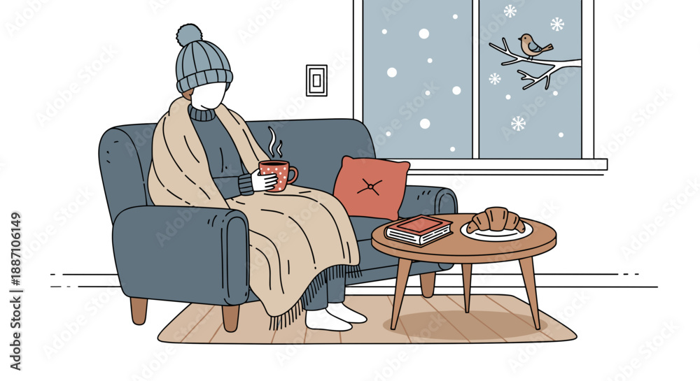 Fototapeta premium Woman Relaxing on Sofa with Hot Drink on Snowy Day