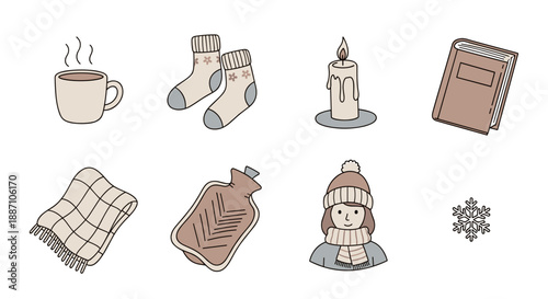 Cozy Winter Items Illustration with Mug, Socks, and More