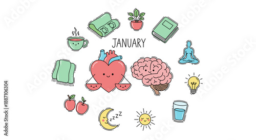 Colorful Whimsical Illustration of Brain, Apple, and Daily Life Icons