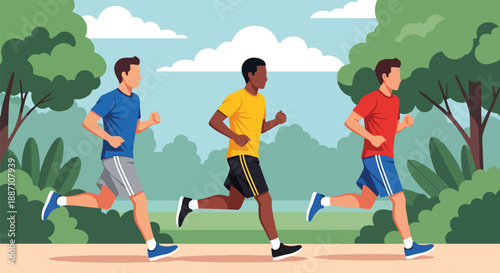 Modern vector of three close friends jogging side by side in a city park, showing healthy lifestyle, teamwork, fitness motivation, and strong male friendship in an urban environment