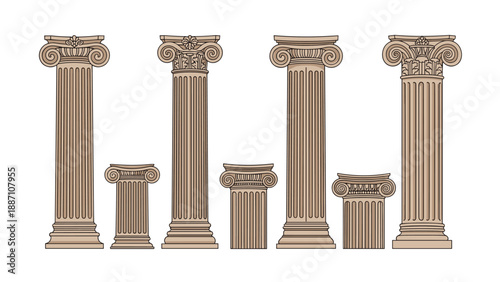 Selection of classical greek and roman architectural columns and pedestals in different heights and decorative ornate styles.