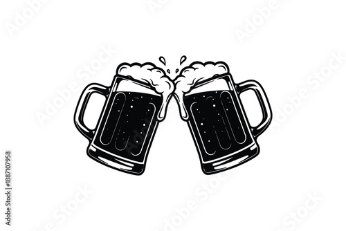 Clinking Beer Mugs Cheers Icon Collection in Vintage Line Style