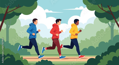 Modern vector of three close friends jogging side by side in a city park, showing healthy lifestyle, teamwork, fitness motivation, and strong male friendship in an urban environment