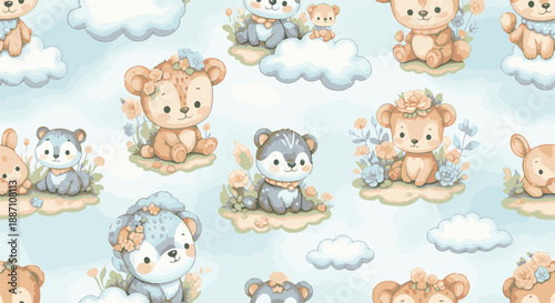 Adorable cartoon bears, koalas, and raccoons floating amidst clouds in a whimsical, dreamy illustration, showcasing playful forest creatures from a bird's eye view